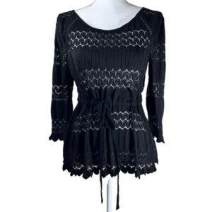 Free People Black Crochet Lace Top Waist Drawstring Key Hole Whimsygoth Boho‎